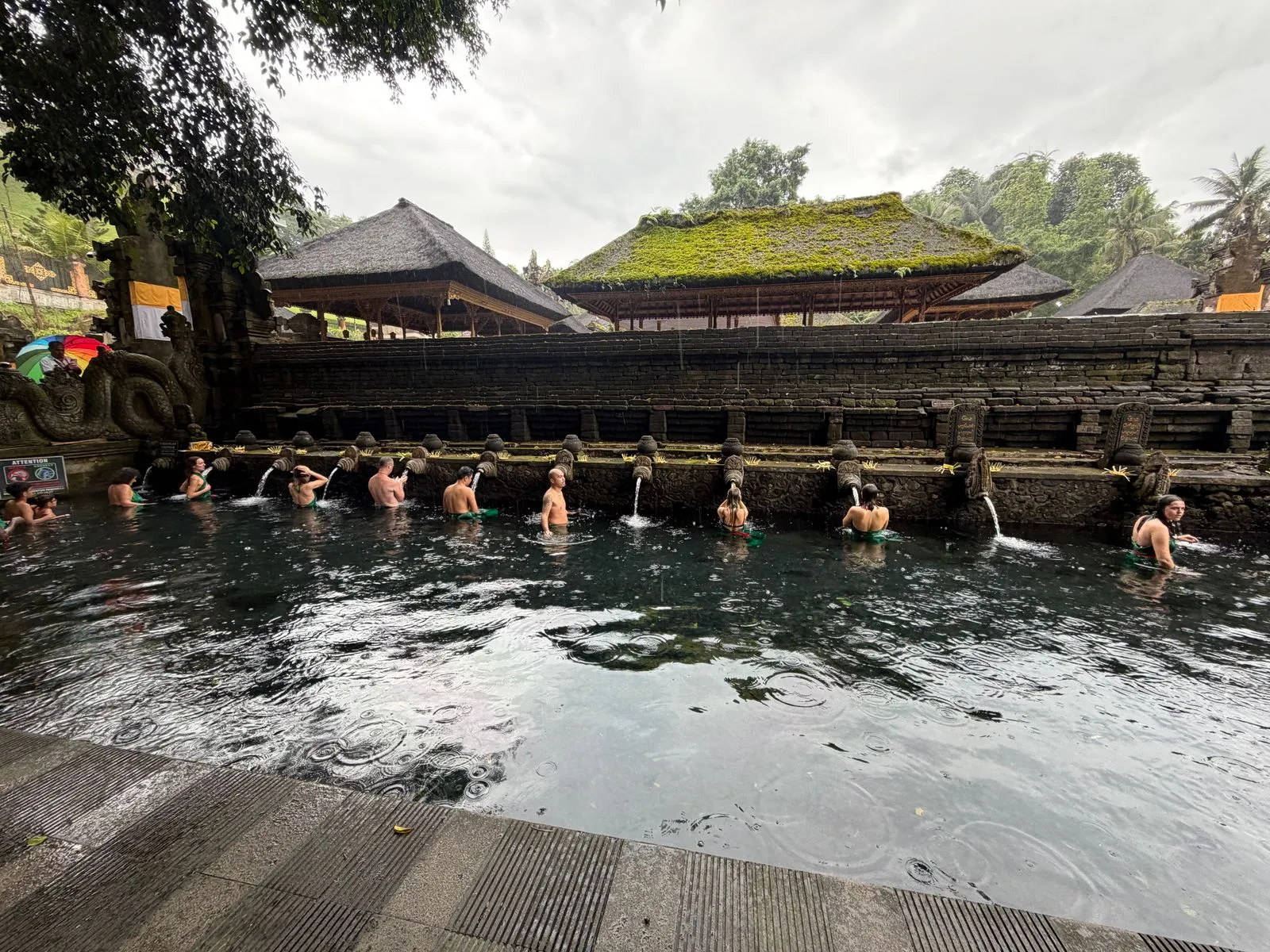 Bathers at the Tirta Empul holy spring, seen from across the pool